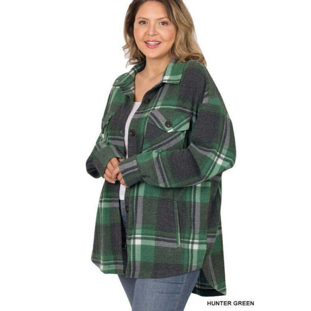 Zenana Outfitters Hunter Green Plaid Shacket Jacket Fall Winter New S-L QJ-630D4 - Picture 1 of 2